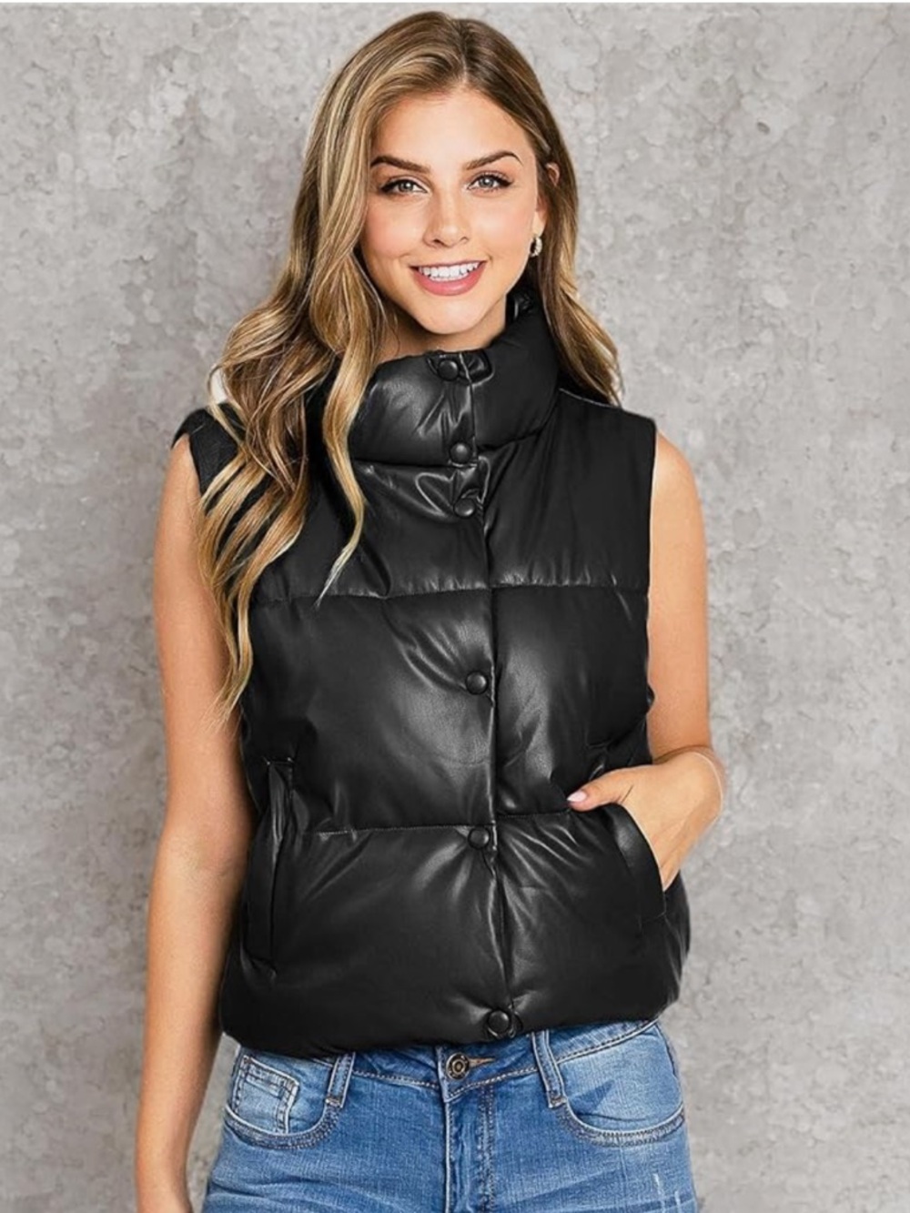 Love Tree Black Faux Leather Puffer Vest - Sleeveless Zip Snap Front